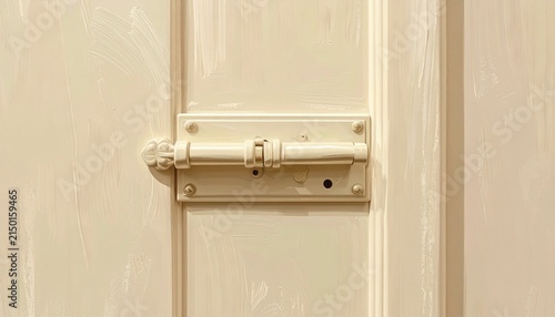 Close up of vintage brass door latch on wooden door.