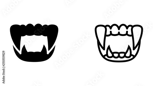 Принти на полотні Vampire Fangs Icon: A striking illustration featuring a pair of sharp vampire fangs, presented in both a bold silhouette and a clean line art style