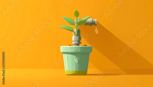 Small green plant growing in a pot with watering can.