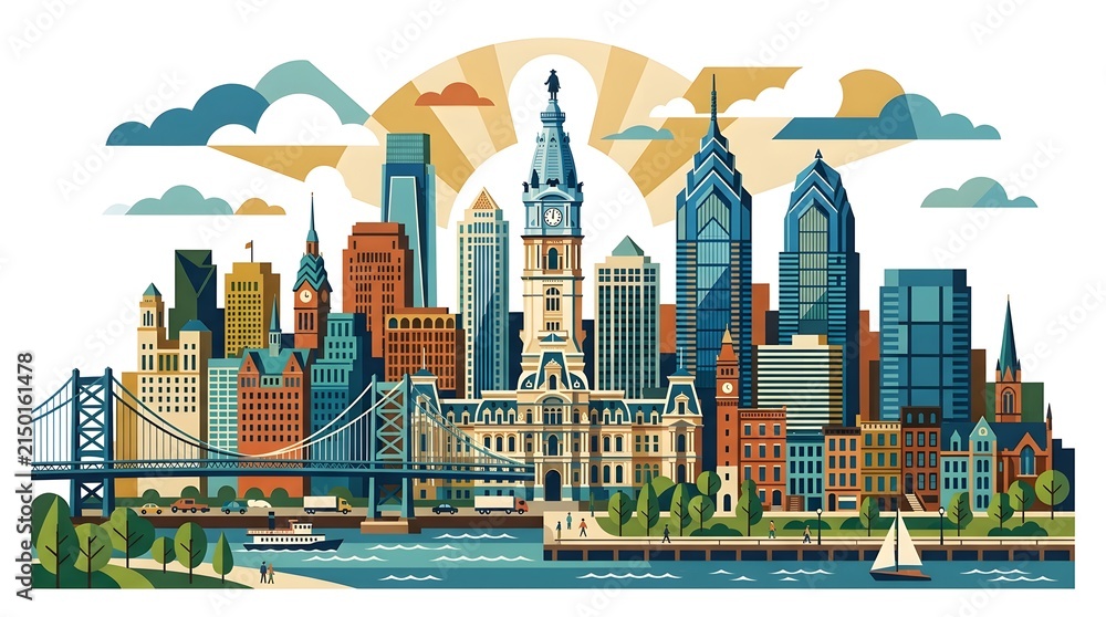Fototapeta premium Philadelphia City Skyline Illustration Featuring Iconic Buildings and Ben Franklin Bridge