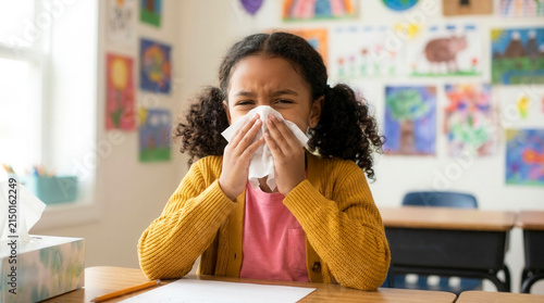 African American schoolgirl sneezing into tissue at desk in classroom, seasonal allergies and childhood illness