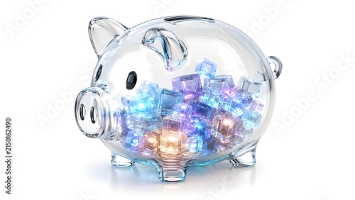 Transparent Piggy Bank Filled with Glowing Geometric Cubes on White Background Digital Assets Concept