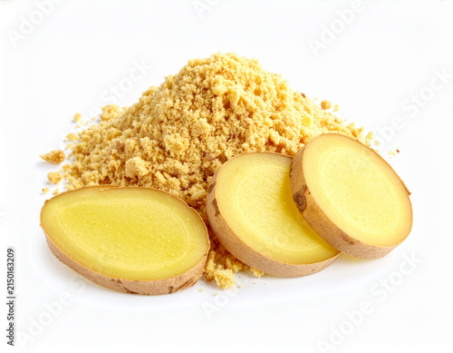 Minced Ginger and Slices Isolated on White