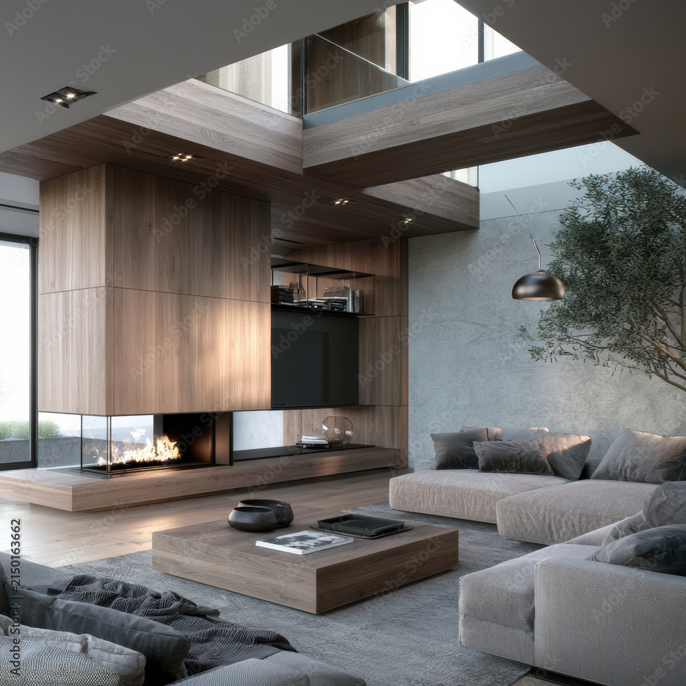 Fototapeta premium Modern living room with wood panel fireplace, large sofa, glass wall, coffee table, cozy atmosphere, natural light