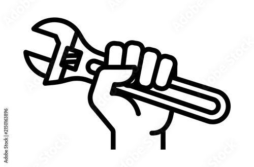 A black and white line art illustration showing a human hand firmly gripping an adjustable wrench representing manual labor and skilled mechanical work