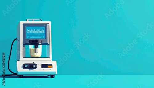 Vintage industrial machine on teal background.