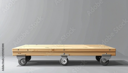 Wooden dolly cart with wheels on light gray background.