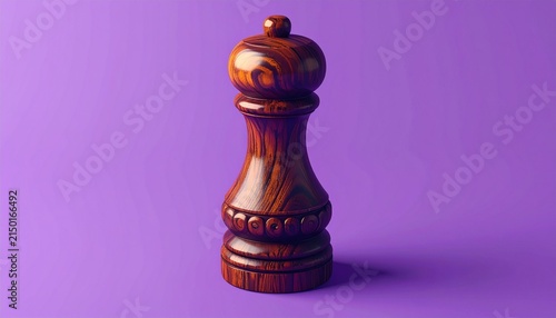 Wooden chess king piece on solid purple background.