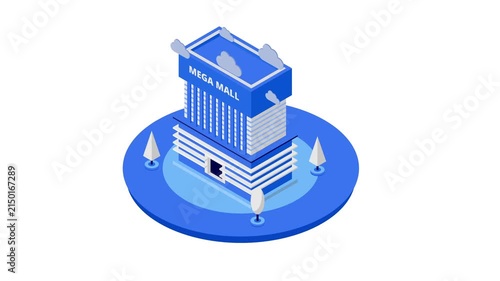 Isometric 3D vector illustration of a modern Mega Mall building with trees and clouds. Concept of commercial real estate, retail shopping center, store architecture, and urban development.