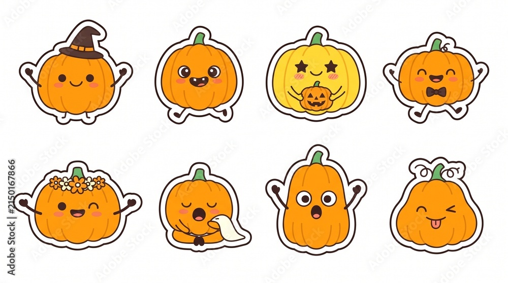 Fototapeta premium Cute cartoon pumpkin stickers set for halloween celebration isolated on white background, Vector, illustration