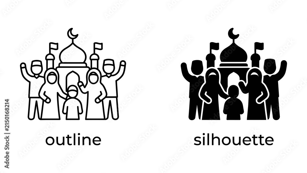 Fototapeta premium Muslim community celebrating in front of a mosque: A graphic illustration representing a Muslim community standing together in front of a mosque, signifying unity and faith.
