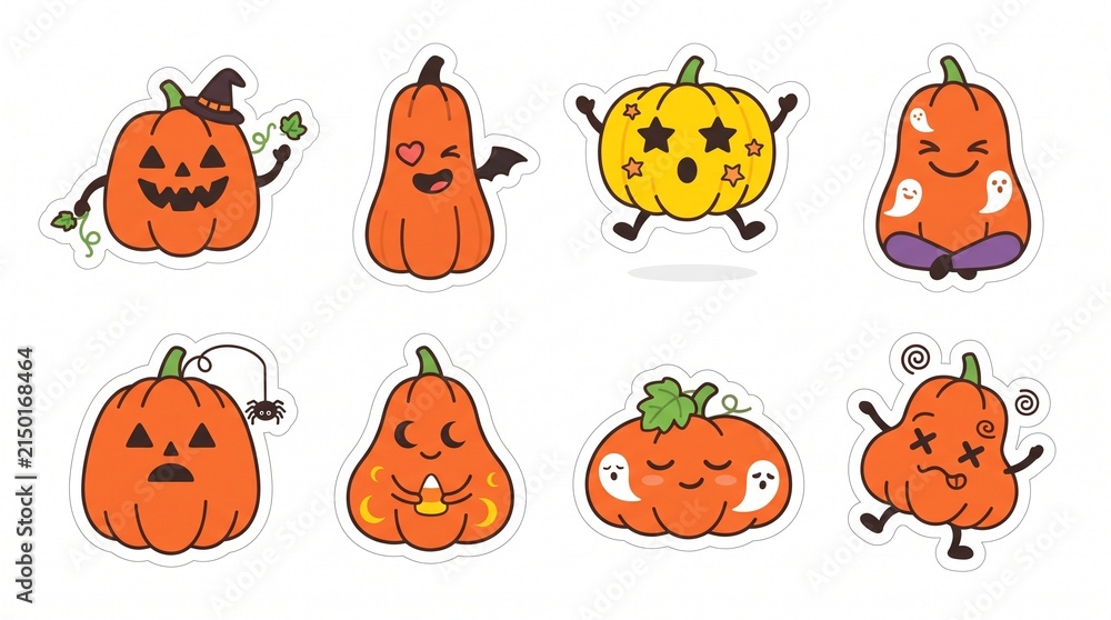 Fototapeta premium Set of cute cartoon pumpkin characters for halloween celebration isolated on white background, Vector, illustration