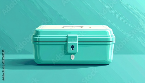 Turquoise plastic storage box with secure latch on teal background.