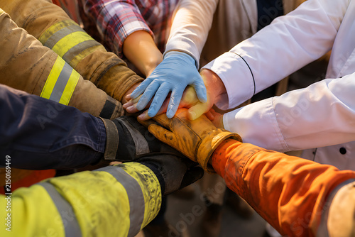 Diverse hands of essential workers, community heroes, and professionals stacked in a circle, symbolizing unity, collaboration, and mutual support within a strong team
