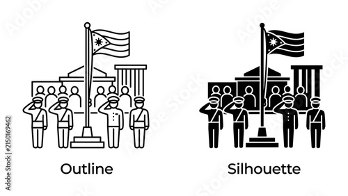 Konstfotografi National Salute: A group of uniformed individuals performs a solemn salute to a flag flying atop a flagpole, set against a backdrop of official buildings, representing patriotism and national pride