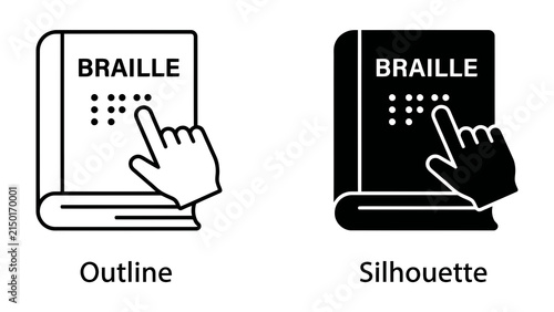 Konstfotografi Braille Book Icon: An illustration depicting a book with the word BRAILLE and a fingertip touching the raised dots, presented in both outline and silhouette styles