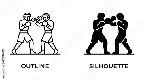 Foto Boxing Match Icons: Two icons representing a boxing match, one in outline style and the other in silhouette, depict two fighters facing off
