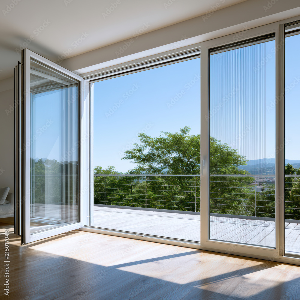Fototapeta premium Open glass door modern apartment large floor bright sunlight wooden floor outdoor terrace scenic view blue sky