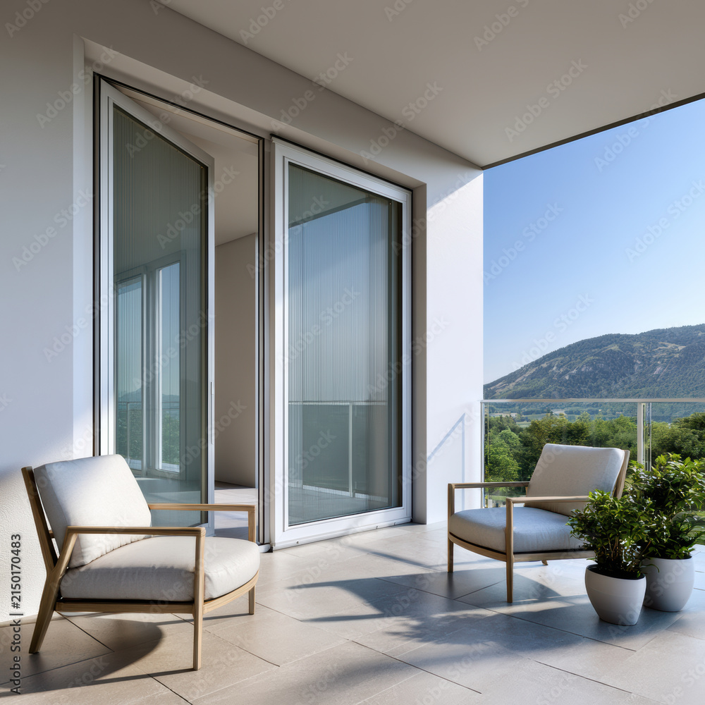 Fototapeta premium Modern apartment balcony with mountain view, glass railing, two armchairs, potted plant, and open sliding door, peaceful atmosphere