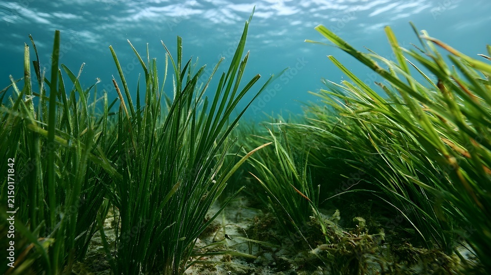 Fototapeta premium Underwater seagrass swaying gently in clear blue water with sunlight filtering through the surface above