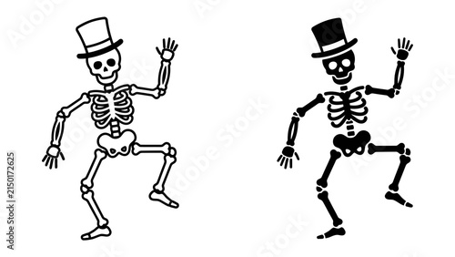 Фотография Dancing Skeletons: Two stylized skeleton figures, one in outline and one filled in black, wearing top hats and appearing to dance with raised arms and bent legs