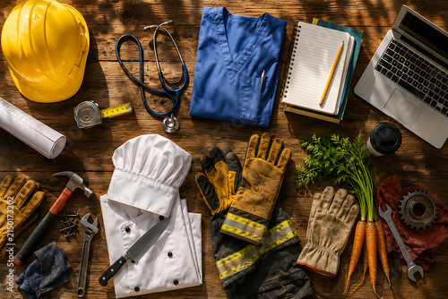 Flat Lay of Various Profession Tools and Equipment Representing Different Occupations and Careers on Wooden Background