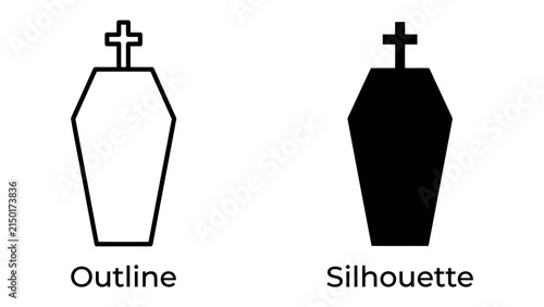 Foto Coffin Outline and Silhouette: A stark visual comparison of a coffin outline and a black silhouette, each adorned with a simple cross, representing themes of mortality and finality