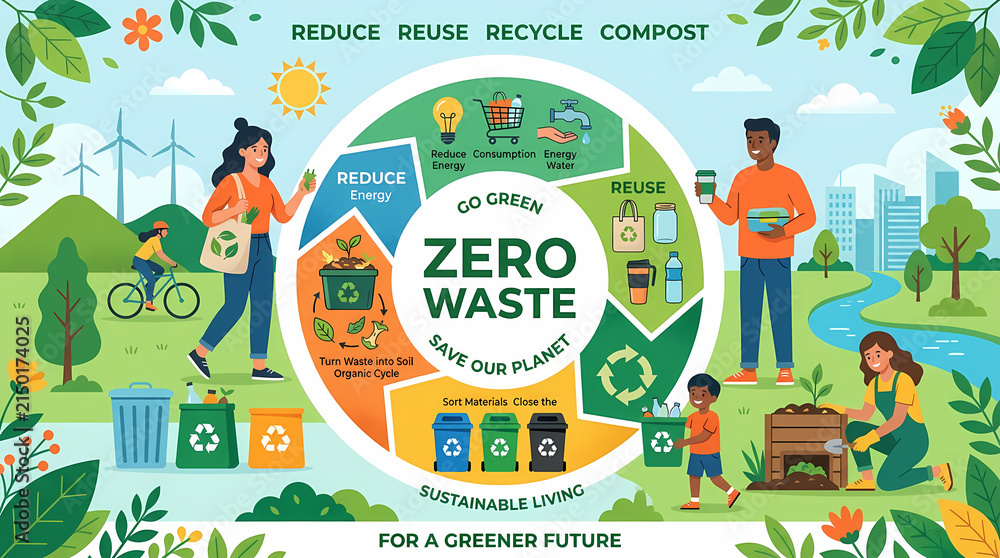 Naklejka premium Zero Waste and Sustainable Living Infographic Concept with People and Nature