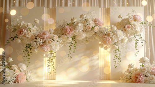 Wedding celebration backdrop with soft ivory bokeh lights and delicate florals