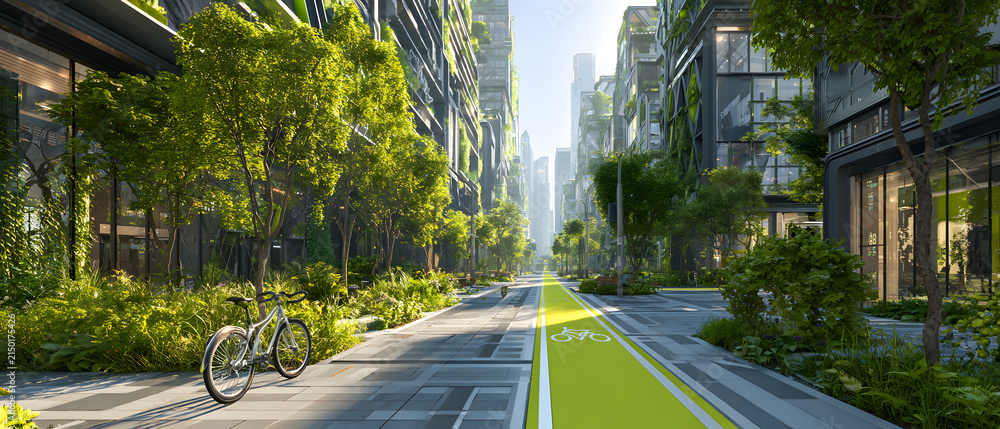 Obraz premium Sustainable city bike lane with green bicycle path, urban greenery, modern mixed use buildings, pedestrian friendly street and eco friendly transport options creating calm atmosphere