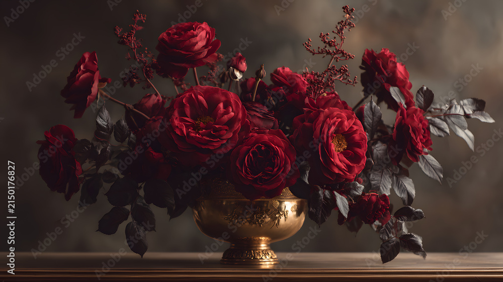 Fototapeta premium Luxurious red garden rose bouquet arranged in antique gold vase, dramatic moody lighting and dark foliage creating romantic elegant still life composition
