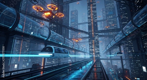 A futuristic cityscape at night, showcasing advanced transportation with elevated trains in glowing tubes and flying drones amidst towering skyscrapers.