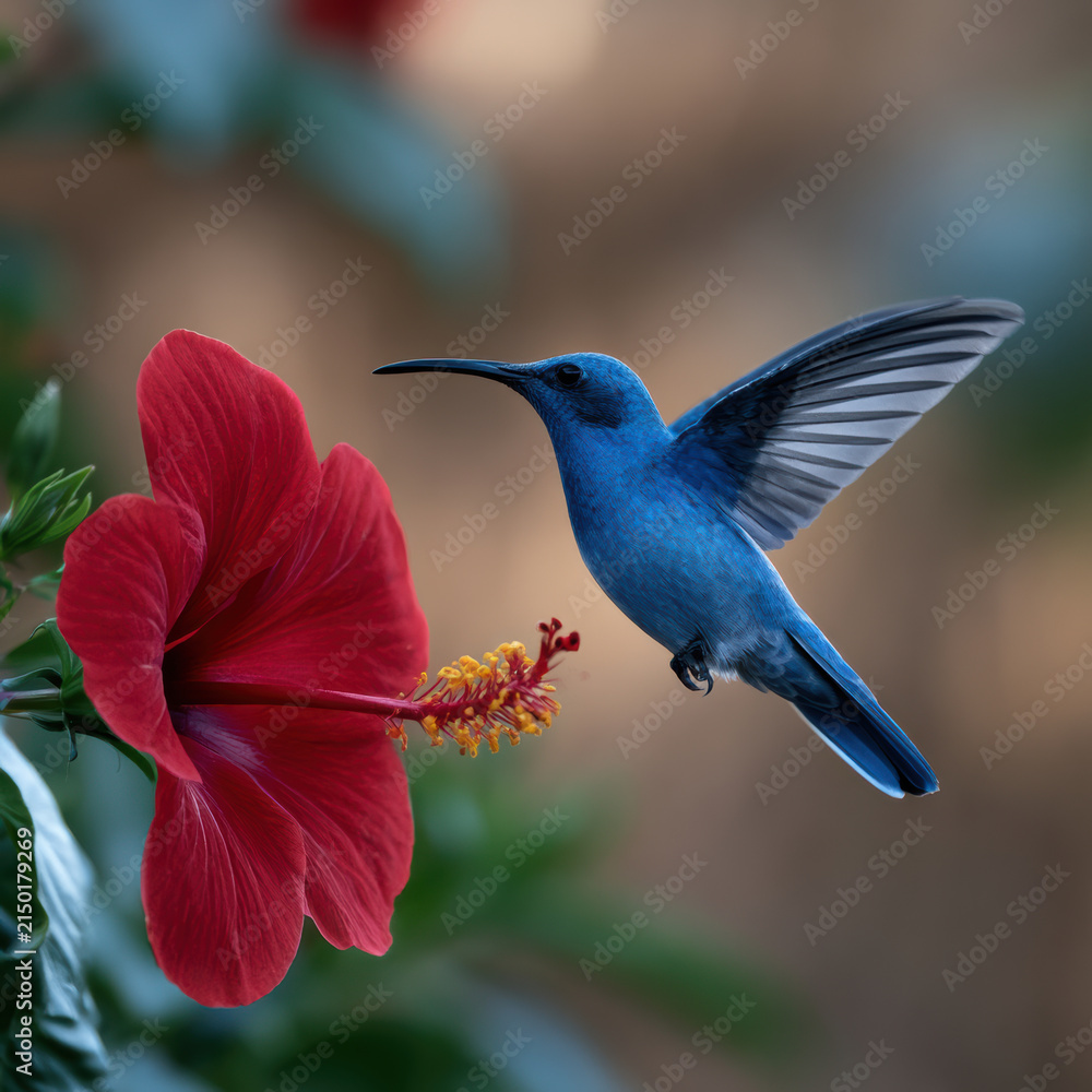 Naklejka premium Blue hummingbird hovering near vibrant red hibiscus flower, delicate wings, natural background, tropical garden, peaceful scene