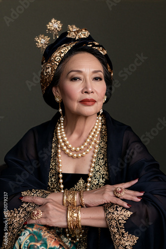Elegant portrait of a senior Indonesian matriarch in traditional embroidered kebaya and golden jewelry.