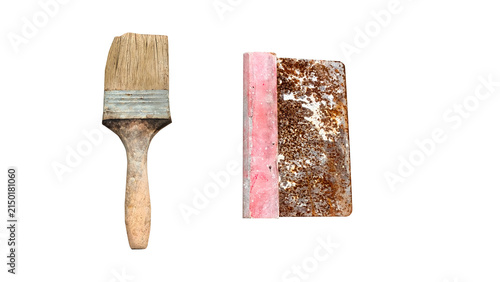 Konstfotografi Old paintbrush and rusty paint scraper on transparent background