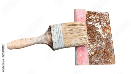 Old paintbrush and rusty scraper tool on on transparent background