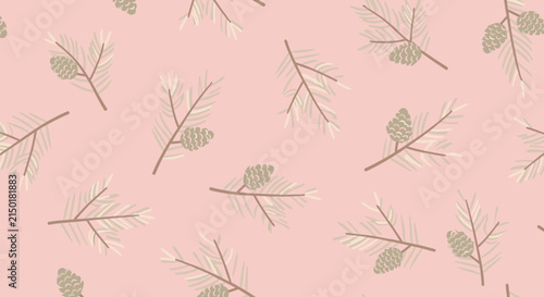 Soft pine branch and cone botanical pattern on pink background