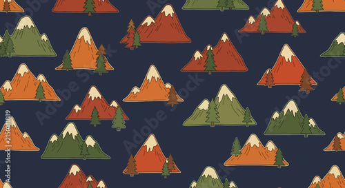 Scenic mountain and pine tree pattern on dark background