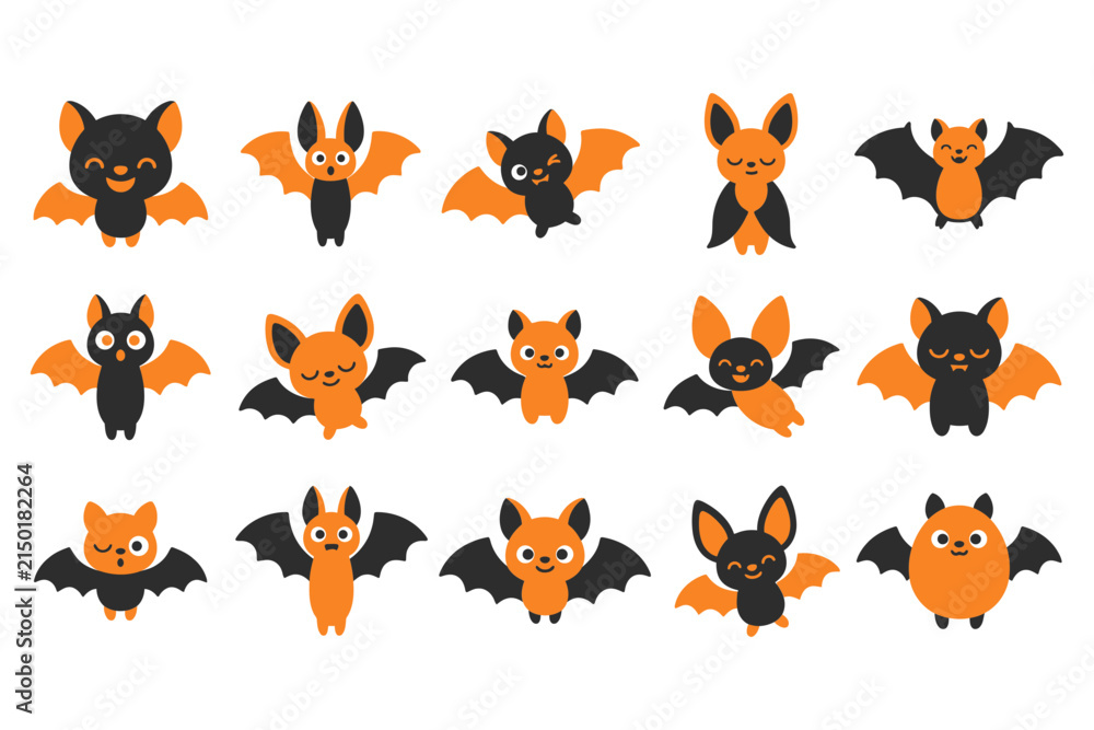 Obraz premium A collection of cute cartoon bat characters featured as part of a fun halloween bundle elements design set