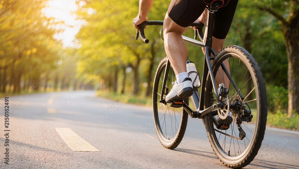 Obraz premium Low angle view of a cyclist pedalling a road bike along a tree lined park road in warm morning sunlight for outdoor fitness training