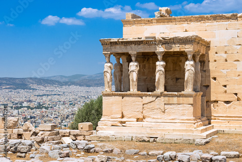 Canvas Print Caryatids of the Erechtheion on the Acropolis Overlooking Athens, Greece