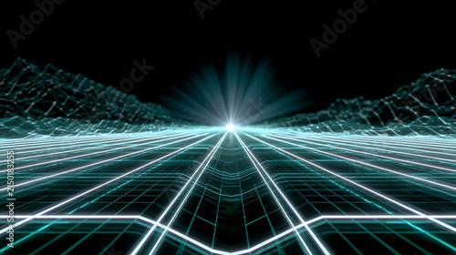abstract synthwave grid terrain with bright horizon glow representing futuristic digital technology retro design and background concept