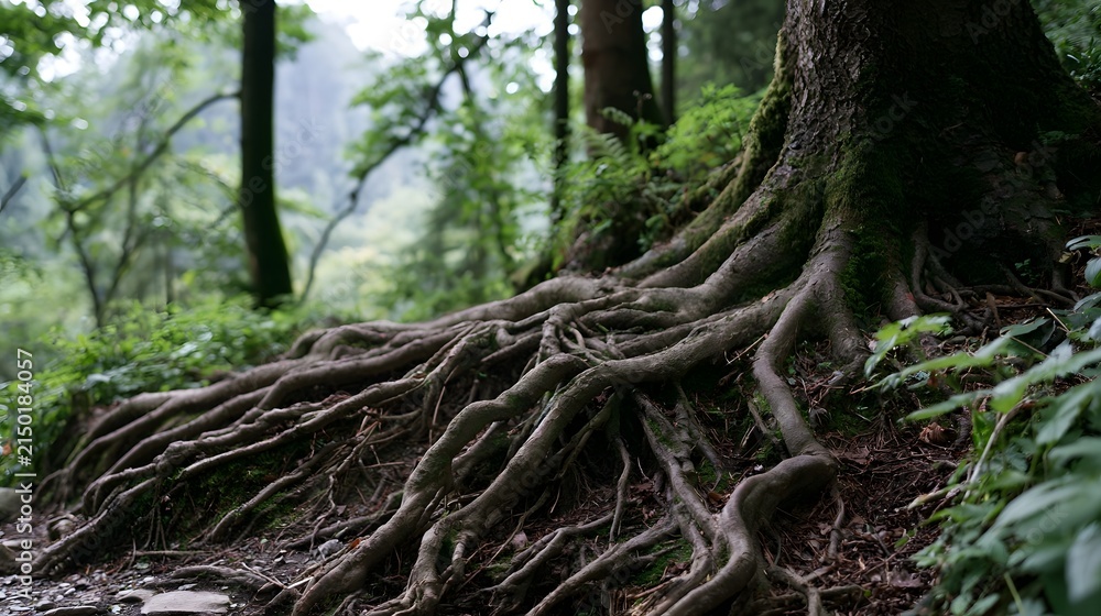 Obraz premium A massive tree s exposed roots spread across forest floor surrounded by moss and green foliage under soft natural light