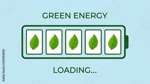 Green energy battery charge level loading concept with leaf symbols, renewable