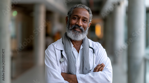 portrait of mature gray bearded man in medical hallway representing healthcare doctor professional hospital worker and senior medical portrait