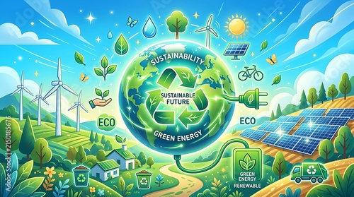 Sustainable future green energy globe illustration with renewable technology