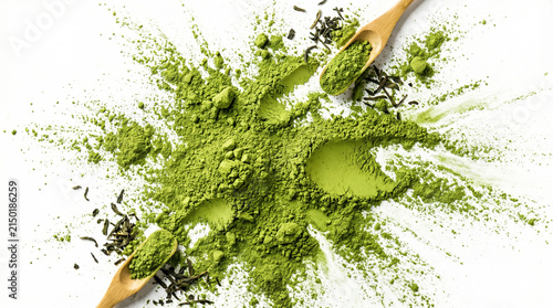 Top view of vibrant green matcha powder scattered across on a white background