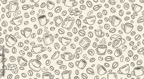Hand drawn coffee cups and beans seamless pattern background