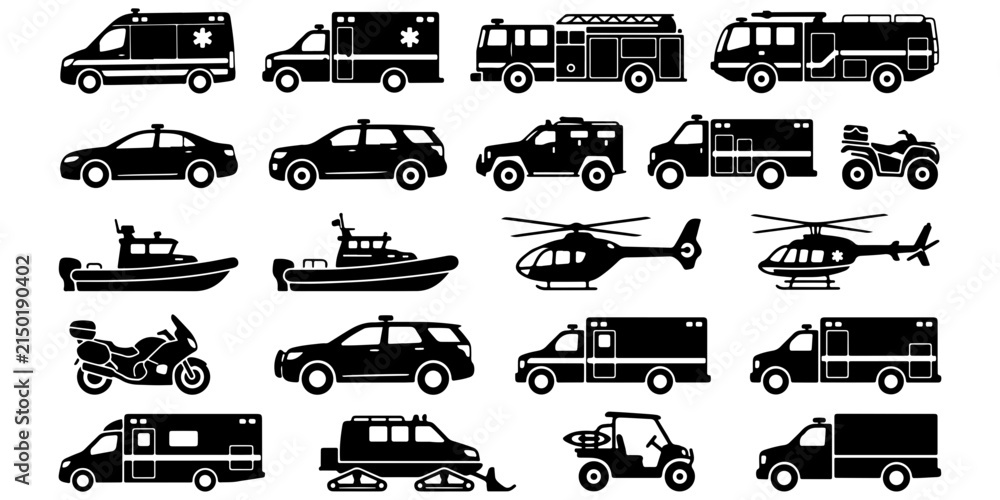 Obraz premium Black and white emergency and police vehicles set