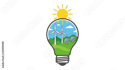 Green energy concept illustration with wind turbines and solar panels